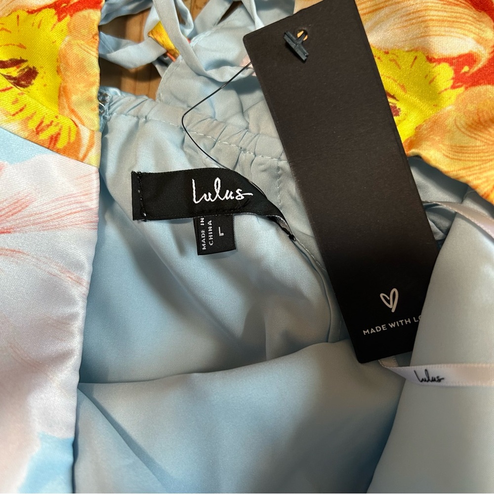 NWT 
Lulus Oriana Light Blue Floral Satin Strapless Midi Dress - Picture 8 of 9
